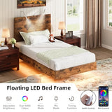 BarnFurin Floating Twin Bed Frame with Led Lights, Wooden Bed Frame with Reading Light Headboard, Heavy Duty Metal Slats, No Box Spring Needed, Easy Assembly, Rustic Brown BarnFurin
