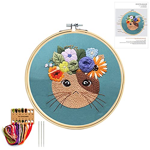 Mozzyyee Embroidery Starter kit, DIY Adult Beginner Embroidery Kits, Including Cloth with Cat Patterns, Colored Threads, Needles, Hoops and Instructions (Blue)