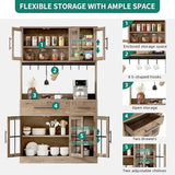 YITAHOME 71" Farmhouse Kitchen Pantry Storage Cabinet with Power Outlet, Freestanding Glass Door Display Pantry Hutch with Microwave Stand & Adjustable Shelves & Large Countertop for Home, Lvory Grey YITAHOME