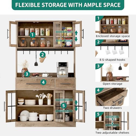 YITAHOME 71" Farmhouse Kitchen Pantry Storage Cabinet with Power Outlet, Freestanding Glass Door Display Pantry Hutch with Microwave Stand & Adjustable Shelves & Large Countertop for Home, Lvory Grey YITAHOME