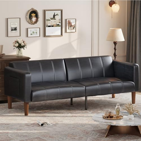GarveeHome Futon Sofa Bed, 75-Inch Modern Faux Leather Convertible Couch, Mid-Century Loveseat for Small Space, Living Room, Bedroom, Black GarveeHome