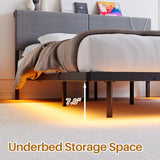 HOMERECOMMEND Floating Bed Frame Queen Size with Storage Headboard and Charging Station, Upholstered Platform Bed with LED Light, Heavy Duty Metal Slats, No Box Spring Needed,Black and Grey HOMERECOMMEND