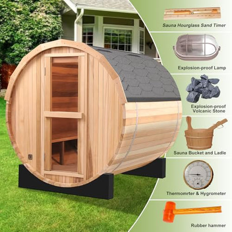 Outdoor Barrel Steam Sauna, 3-4 Person Canadian Red ceda Wood Sauna Room, 4.5KWHarvia Electric Heater, Asphalt Shingle Roof TaTalife