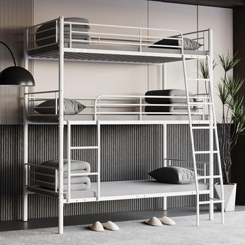 Skipity Sigmo Metal Triple Bunk Bed, Heavy Duty Twin Size Triple Bunk Bed Frame for 3 with Ladder & Guardrail, 3 Bunkbeds for Kids Adults Teens Boys, Bedroom, Dormitory, No Box Spring Need, White Skipity Sigmo