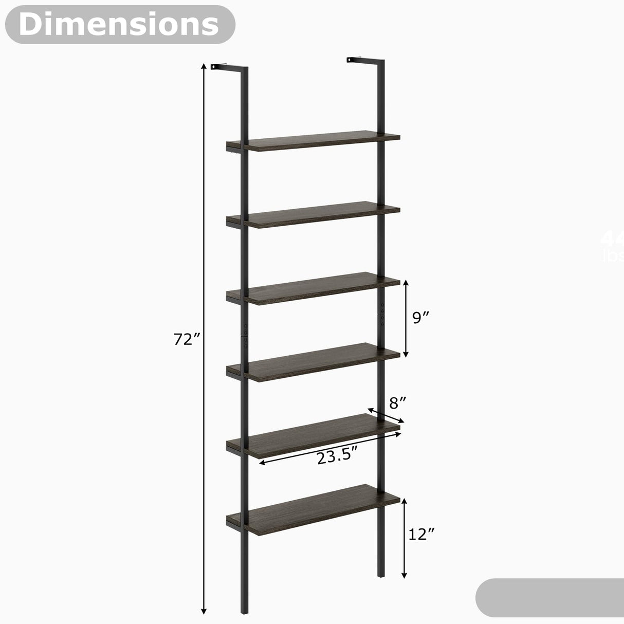 Tangkula Industrial 6-Tier Bookshelf, 72" Tall Wall Mounted Ladder Shelf with Heavy-Duty Metal Frame, Vintage Vertical Open Display Shelf Bookcase for Living Room, Office, Balcony (1, Oak Grey) Tangkula