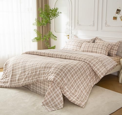 SDY 7PCS Brown Plaid Bedding Set Twin Size, Super Soft Microfiber Gingham Comforter and Sheet Set for Kids Boys Girls 1*Comforter,1* Flat Sheet, 1*Fitted Sheet,2*Pillowcases and 2*PillowcaseShams SDY