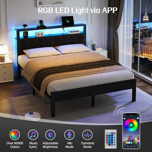 OLEVS Queen Size Bed Frame with LED Lights & Charging Station, Modern Platform Bed with 2-Tier Storage Headboard, No Box Spring Needed, Noise Free OLEVS
