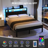 OLEVS Queen Size Bed Frame with LED Lights & Charging Station, Modern Platform Bed with 2-Tier Storage Headboard, No Box Spring Needed, Noise Free OLEVS