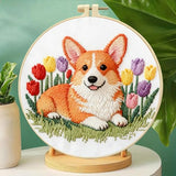 jinglinhh Embroidery Starter Kit Corgi Dog Tulip Flower for Adult Beginners, DIY Stamped Cross Stitch Kit Kit with Hoops, Threads & Embroidery Cloth, Needlework Craft Gift for Women