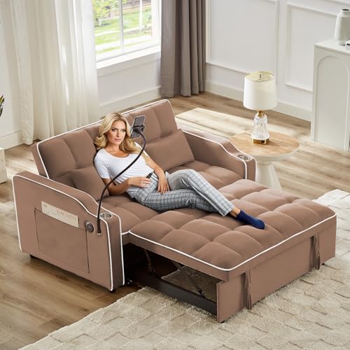 Sleeper Sofa Couch Bed with Phone Holder, Modern 3-in-1 Convertible Velvet Pull Out Loveseat Futon Sofa with USB & Type C Port & Cup Holder for Living Room Bedroom Office KINFFICT