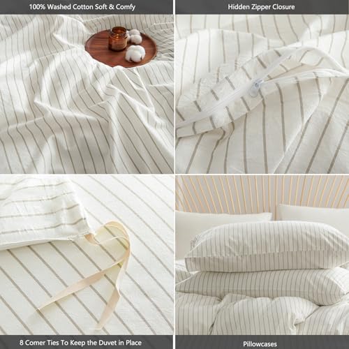 Nayoroom Striped Duvet Cover Queen Size 100% Washed Cotton White Brown Stripe Duvet Cover 3 Pieces Soft Breathable Girls Dorm Bedding Set for All Seasons, Yarn Dyed Process Nayoroom
