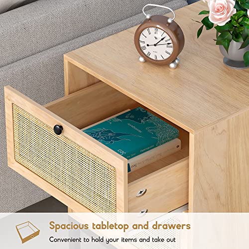 XIAO WEI Rattan Nightstand Set of 2 with Handmade Natural Rattan Drawers, Bedside Tables, End Table, Rattan Side Table, Boho Wood Nightstand, for Bedroom, Living Room, Metal Legs - WoodArtSupply