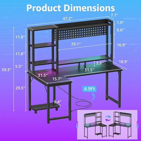 MEUIS L Shaped Gaming Desk with Shelves - 48 inch Corner Computer Desks with Storage Hutch Shelf Reversible Pegboard Led Lights Power Outlets PC Monitor Stand for Bedroom, Black MEUIS