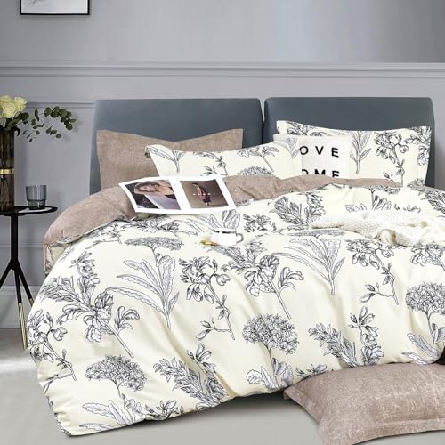LEMIROE 100% Cotton Duvet Cover King Size,Vintage Design with Luxrious Black Sketched Flowers & Leaves on Cream,Reversible Taupe Bed Sets 3Pcs,Button Closure LEMIROE