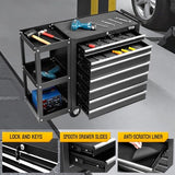 TUFFIOM 7-Drawer Rolling Tool Chest w/Lock & Key, Tool Storage Side Cabinet with Side Shelves Wheels, Top Cushion & Drawer Liners, Tool Organizer Box for Garage, Warehouse & Repair Shop, Black TUFFIOM