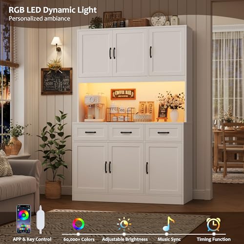 HOSTACK 72" Tall Kitchen Pantry Cabinet with Charging Station | LED Lights, 47" W Kitchen Pantry Storage Cabinet with Countertop, Modern Kitchens Hutch Cabinets with Storage for Dining Room, White HOSTACK