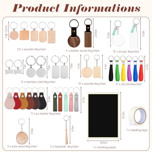 Tondiamo 69 Pcs Laser Engraving Blanks Keychains Bulk Laser Engraver Accessories Keychain Blanks Including Wood, Stainless Steel, Acrylic, PU Leather, Silicone and Marking Paper Tape Tondiamo