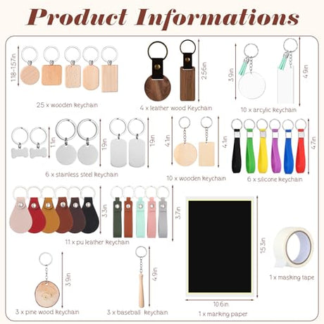 Tondiamo 69 Pcs Laser Engraving Blanks Keychains Bulk Laser Engraver Accessories Keychain Blanks Including Wood, Stainless Steel, Acrylic, PU Leather, Silicone and Marking Paper Tape Tondiamo