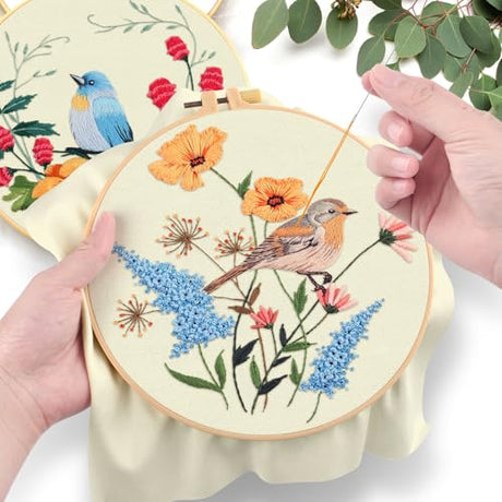 ERKOON 5 Sets Embroidery Kit for Beginners, Hummingbird Cross Stitch Set for Include Embroidery Cloth Hoops Threads for Craft Lover Hand Stitch (Hummingbird and Butterfly) ERKOON