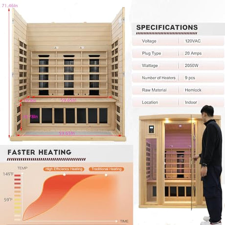 KUNSANA Ceramic Infrared Sauna 3 Person, Low EMF Infrared Saunas for Home, Hemlock Indoor Sauna Room, 2- in - 1 Heating Panels, Bluetooth Speakers, Chromotherapy Lights KUNSANA