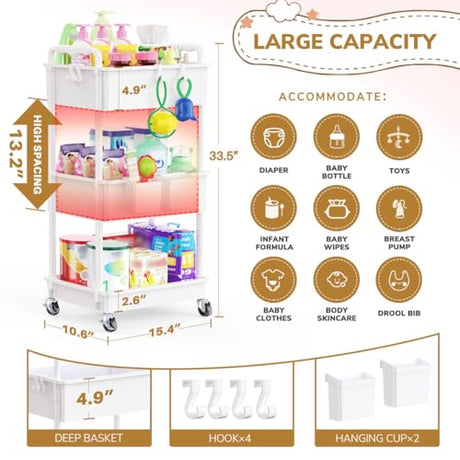 Goovilla Diaper Cart with Lockable Wheels and Easy Assembly, 3 Tier White Rolling Cart for Baby Nursery Storage, Sturdy Ample Diaper Caddy Organizer for Baby Girl, Boy, New Mom, Newborn Essentials Goovilla