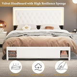 XEPAMU Full Size Bed Frame with Storage,Full Bed Frame with LED Lights Headboard and Charging Station,Velvet Upholstered Bed with Storage Footboard,Sliding Barn Door Noiseless No Box Spring Needed XEPAMU