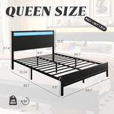 Fluest Queen Bed Frame with Headboard & Footboard, Bed Frame with Built-in Charging Station & LED Light, Storage Shelf, Noise-Free, No Box Spring Needed, Easy Assembly, Classic Black Fluest