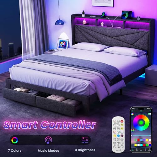 Driftalia LED King Size Bed Frame with 2 Storage Drawers, Upholstered King Bed Frame with Headboard and Charging Station, No Box Spring Needed, Easy to Assembly-Dark Grey Driftalia
