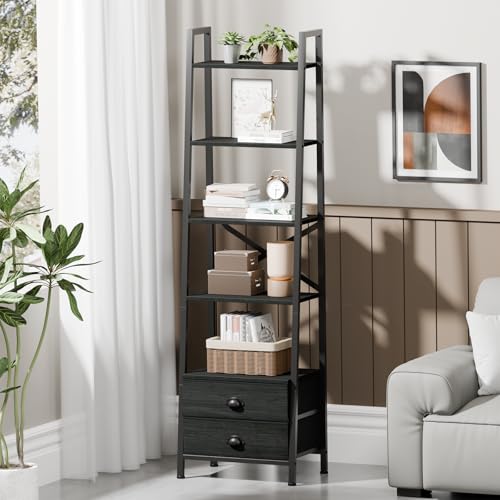 Furologee 5-Tier Industrial Ladder Shelf with 2 Drawers for Versatile Home Storage Furologee