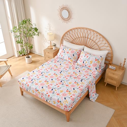 Yibeizi Floral Sheet Set for Girls Twin, Kids Cute Print Bedsheets Microfiber Deep Pocket Flower Patterned Bed Sheet & Pillowcase Sets 3 Pieces Yibeizi
