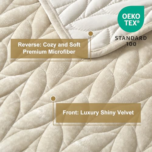 Ivellow Luxury Velvet Quilt Set King Size Bedding Sets Lightweight Ultra Soft Velvet Comforter Set Leaves Chevron Stitch Oversized Bedspread Coverlet 3 Pcs Full Bed Cover Sets for All Seasons Beige Ivellow