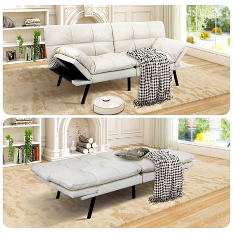 MUUEGM Futon Sofa Bed Memory Foam White Futons Modern Office Couch Sleeper Bed Convertible Love seat Sofa for Small Spaces,Apartment,Office with Adjustable Armrest Backrest MUUEGM