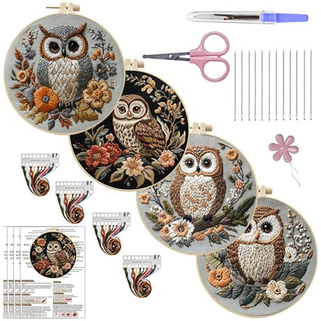 QBQBQ Owl Embroidery Kit - 8.2in, Owl Punch Needle Kit for Adults, Cross Stitch Kits for Beginners, Include Embroidery Cloth Bamboo Hoops and Step by Step Instructions, for Craft Lover Hand Stitch QBQBQ