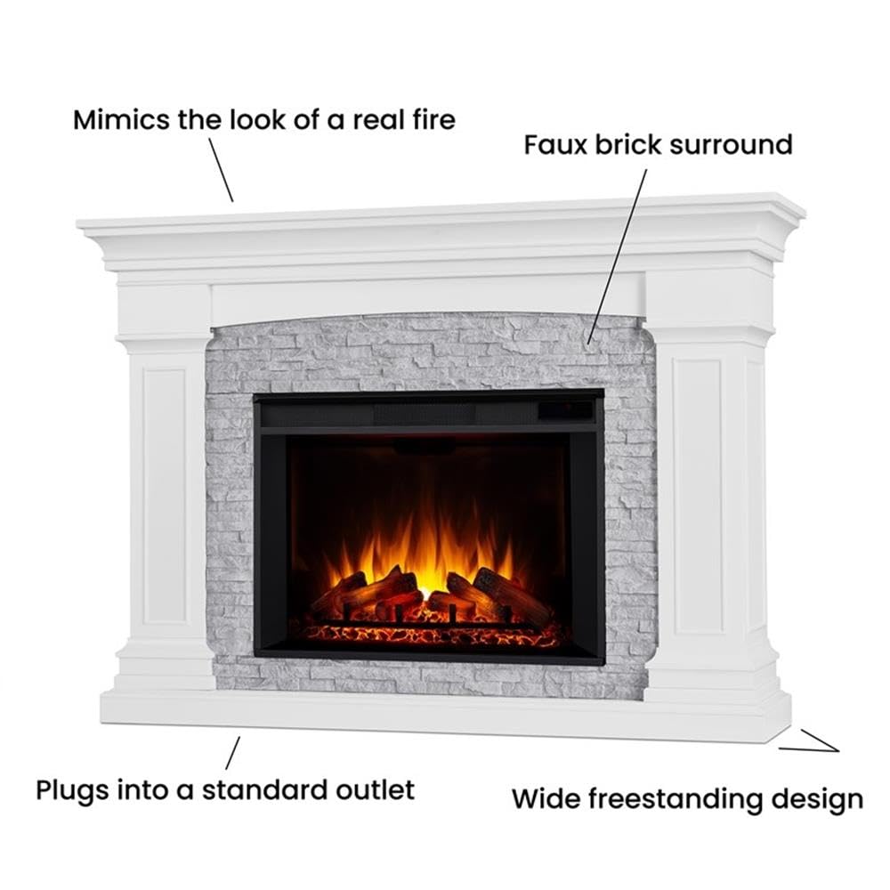 Real Flame Deland Grand Electric Indoor Fireplace with Remote Control, Realistic Infrared Fireplace with Heater, White Real Flame