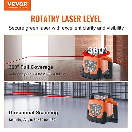 VEVOR Rotary Laser Level 1650ft,360 Degree Self Leveling Red Cross Line Laser,5 Rotation Speeds&4 Scanning Angles Adjustment,IP66 Waterproof Remote Control Manual Self-leveling Mode,Battery Included VEVOR