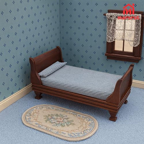 1:12 Scale Doll House Miniature Single Bed with Bedding Fabric & Pillow, Wooden Vintage Victorian European Style Bedroom Furniture Decor Christmas Accessories, Mini Sleigh Bed for 6 Inch Dolls Marsrut