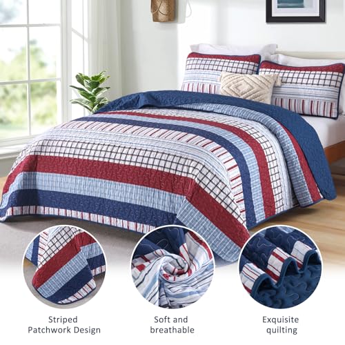 DJY Striped Quilt Set Queen Size, Red Blue Boho Striped Bedspread Coverlet Set 3 Pieces Lightweight Soft Microfiber Patchwork Quilt Bedding Set for All Season (96"x90") DJY