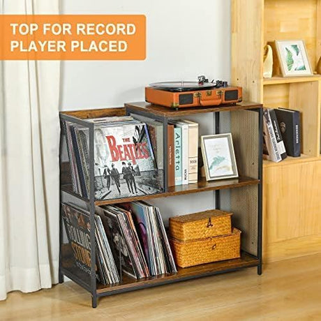 Huxitocan 3 Tier Record Player Stand Holds Up to 300 Albums with 4 Adjustable Divider for Turntable Stand, Large Vintage Record Player Table with Vinyl Record Holder Cabinet-Patent Pending Huxitocan