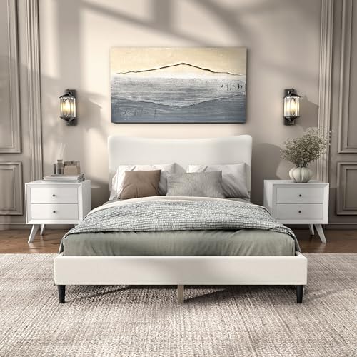 Vivienne Contemporary Boucle Fabric Queen Size Platform Bed Frame with Adjustable Curved Headboard and Solid Wood Legs - White - WoodArtSupply