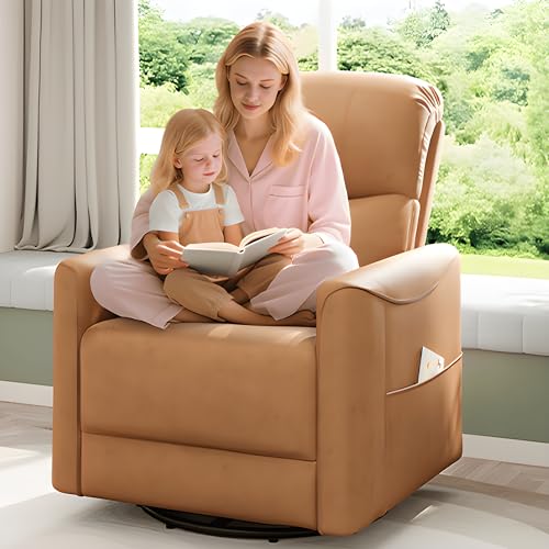 Welzona Power Swivel Rocker Recliner, 360° Swivel Nursery Rocking Chair, PU Leather Glider Rocking Recliner, Infinite Position Electric Chair for Adults with USB Port for Living Room, Brown