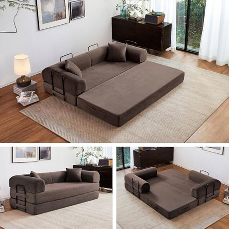 Reiboco 79" 5-in-1 Folding Convertible Sofa Bed, Oversized Corduroy Futon Floor Couch with Pull-Out Sleeper, Modular Boneless Loveseat for Small Spaces, Living Room, Bedroom (Brown) Reiboco