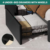 DWVO King Size Bed Frame with 4 Storage Drawers and RGB LED Lights, 57'' Tall Headboard Velvet Upholstered Bed with Charging Station, No Box Spring Needed, Easy Assembly, Noise-Free, Black DWVO
