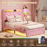 MSmask Twin Bed Frames with LED Lights, Storage Headboard with Charging Station, Drawers, Upholstered Bed Twin Size with Solid Wood Slat, No Box Spring Needed, Easy Assembly, Pink MSmask