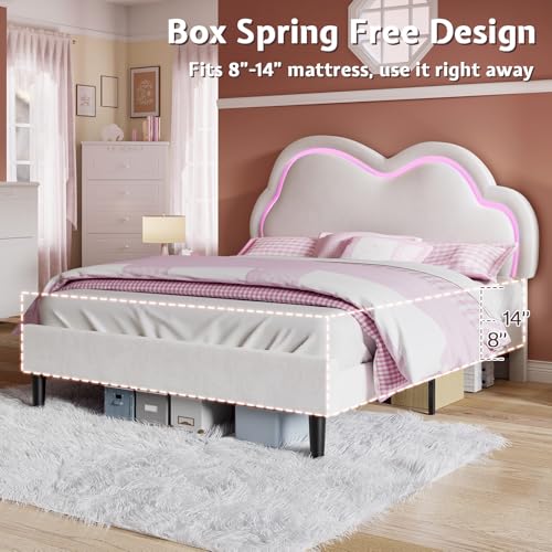 Jocisland Twin Bed Frame for Girls with Adjustable Cloud Headboard, Velvet Upholstered & RGB Lights, 7.1" Underbed Storage, No Box Spring Needed, Cream Jocisland
