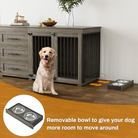 OUYESSIR 94.5" Large Dog Crate Furniture for 2 Dogs, Double Wooden Dog Kennel Furniture with 4 Dog Bowls & 3 Drawers, Heavy Duty Indoor Furniture Style Dog Cage TV Stand/Table/House, Grey OUYESSIR