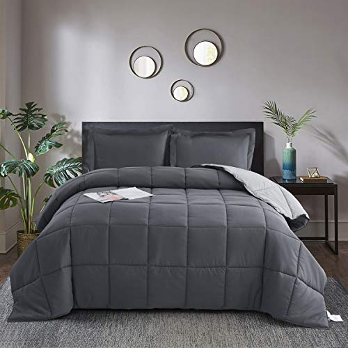HIG 3pc Gray Twin/Twin XL Comforter Set - All Season Reversible Down Alternative Comforter with Two Sham - Quilted Duvet Insert with Corner Tabs - Box Stitched Blanket - Breathable, Soft HIG