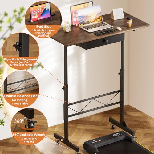 COMHOMA Small Standing Desk Adjustable Height Small Computer Desk Mobile Portable Rolling Laptop Table with Wheels 32" Computer Workstation Sit Stand Desks Portable Standing Table Treadmill desks COMHOMA