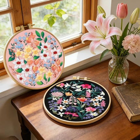 ERKOON Embroidery Kit for Beginners, 2 Set Floral Cross Stitch Set Include Embroidery Cloth Hoops Threads for Craft Lover Hand Stitch with Embroidery Skill Techniques (Flower) ERKOON
