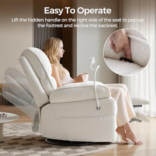 YuuYee Teddy Fleece 360° Swivel Rocker Recliner Nursery Rocking Chairs with Phone Holder Manual Gilder Recliner Chair with Wide Foot Rest for Living Room and Baby Room