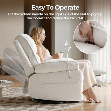 YuuYee Teddy Fleece 360° Swivel Rocker Recliner Nursery Rocking Chairs with Phone Holder Manual Gilder Recliner Chair with Wide Foot Rest for Living Room and Baby Room YuuYee